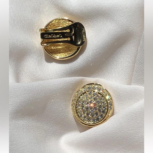 Vintage Christian Dior Crystal Gold Plated Round Clip On Earrings Signed - Picture 4 of 6